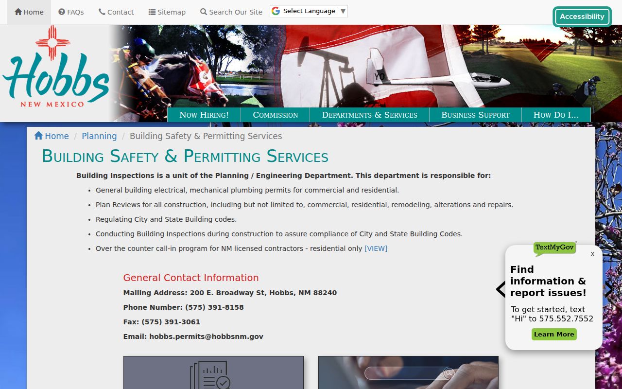 Hobbs street directory City Building Safety permit and inspection access